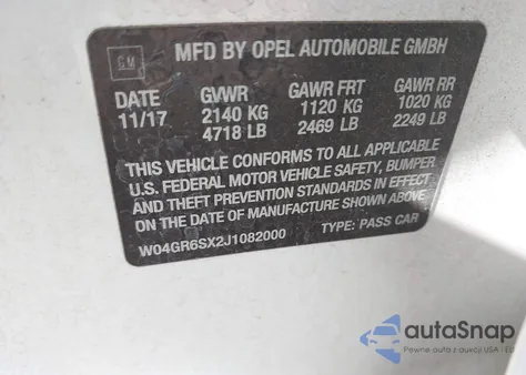 2018 Buick Regal Sportback Essence z USA, uszkodzony, nr VIN W04GR6SX2J1082000